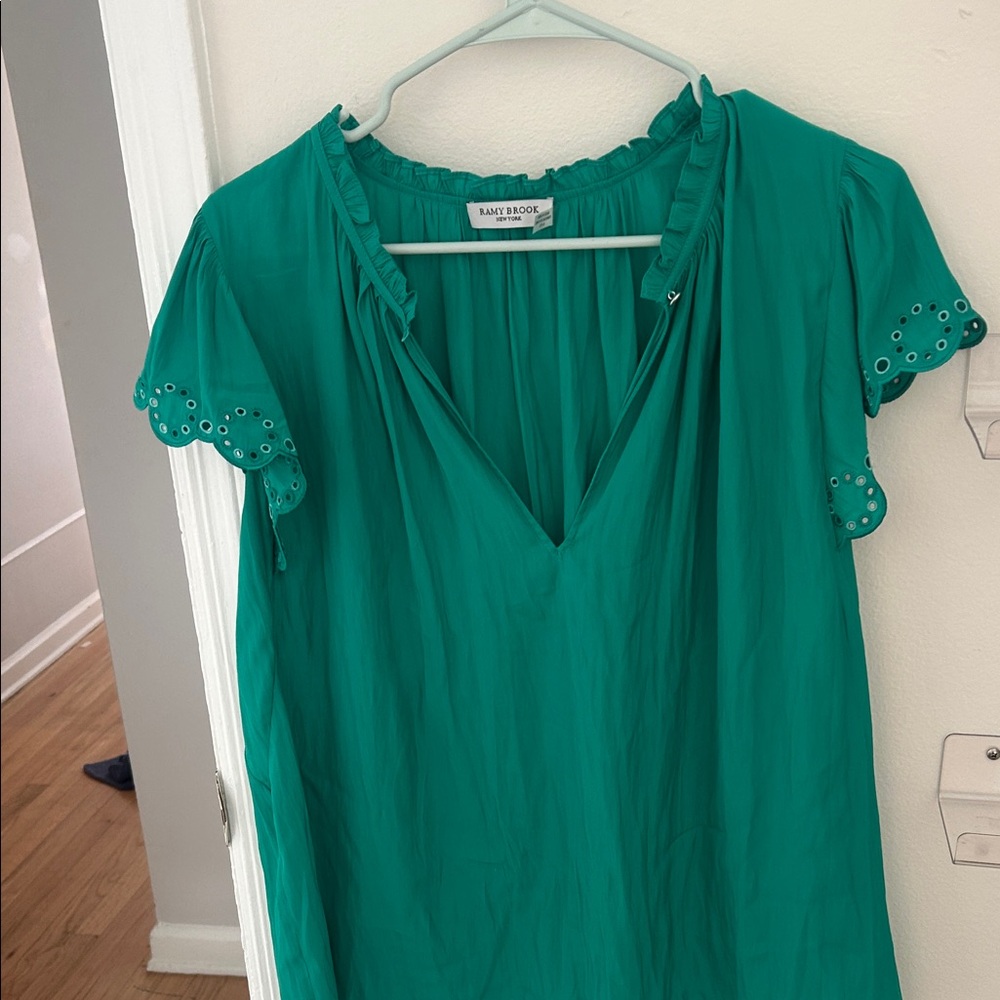 Ramy Brook Teal Eyelet Sleeve V-Neck Blouse